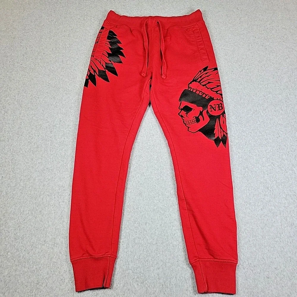 NATIVE 2001 BORNE Joggers Men's Size Small Red Indian Skull W/ Headdress Sweats - Picture 2 of 13